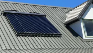 Evacuated Tubes on a roof for solar water heating.